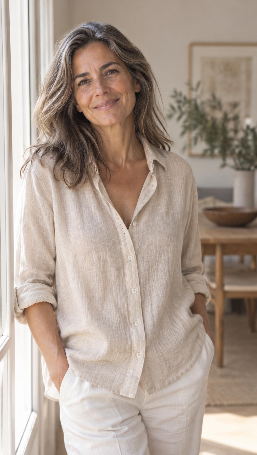 Mujer de 50 años sonriente en casa, cuidando su salud hormonal en la menopausia