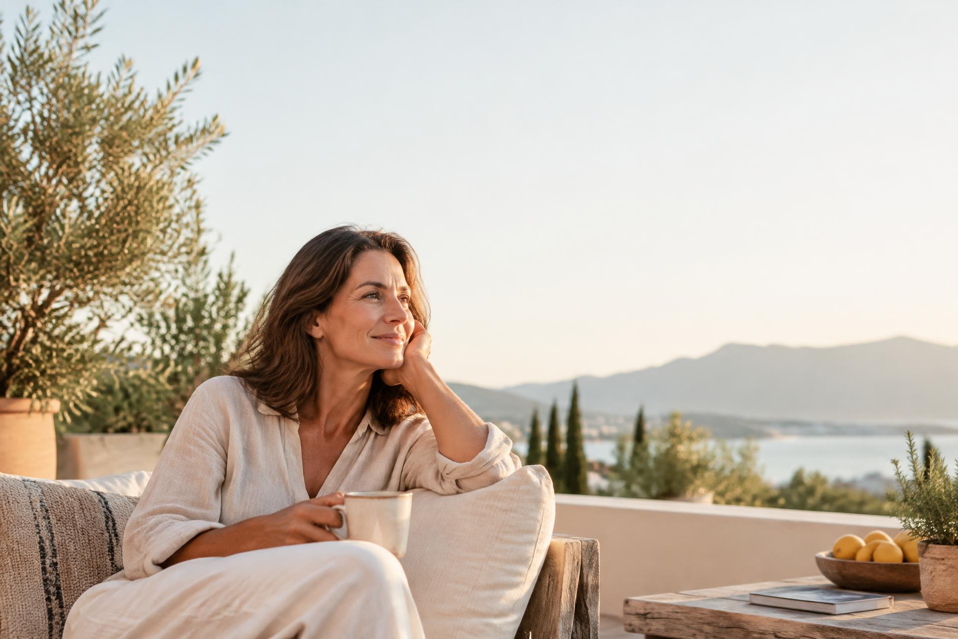 Mujer de unos 50 años relajada en una terraza, etapa de perimenopausia y menopausia